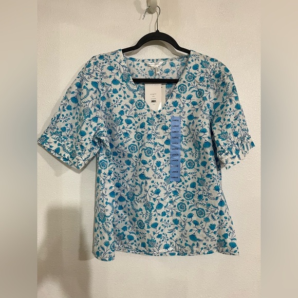 Draper James NWT summer top 100% cotton white blue turquoise size L - Picture 1 of 5